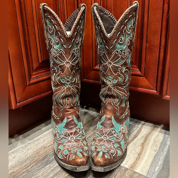 Lane Robin Brown Turquoise Floral Cowboy Boots Birds RARE Wedding Rodeo Cowgirl - Picture 3 of 7